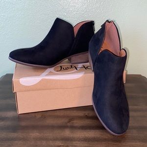 Black suede low heel booties